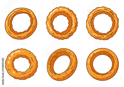Cartoon Style Onion Rings Illustration Golden Brown Color.