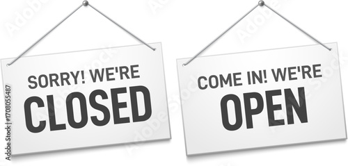 Business open closed sign Shop door signs boards come in and sorry we are closed outdoors message