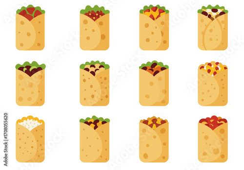 Colorful Burrito Wraps with Various Fillings and Toppings Illustration.