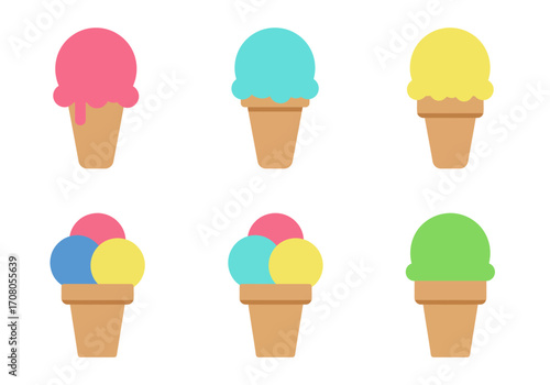 Colorful Ice Cream Cones Vector Illustration on White Background.