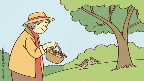 Happy Old Man Feeding Birds in Park Vector Illustration