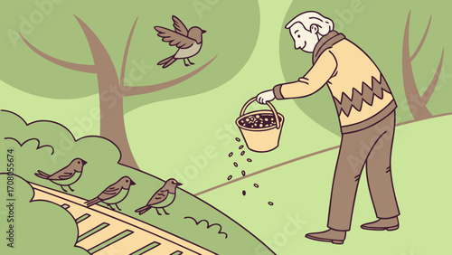 Happy Old Man Feeding Birds in Park Vector Illustration