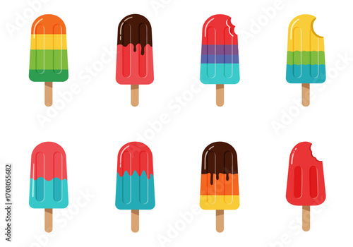 Colorful Popsicle Collection Assorted Flavors and Designs on Wooden Sticks.