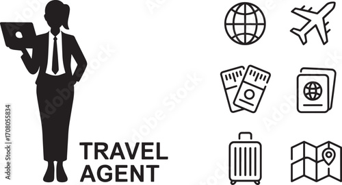 Travel Agent with Laptop and Travel Icon Set on Transparent Background for Design