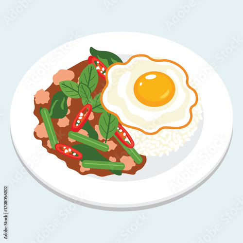 flat vector of Thai Spicy minced pork and basil stir fry topped with a fried egg served over steamed rice
