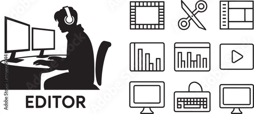 Video Editor Silhouette Icon Set for Post Production and Film Editing Workstation Setup