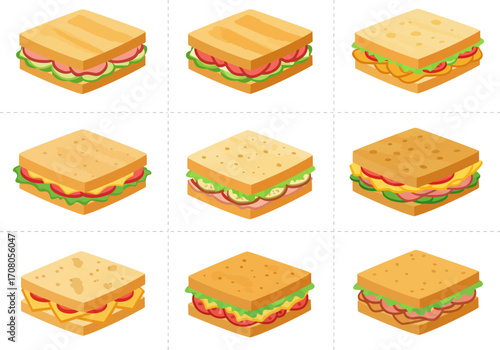 Isometric Sandwiches with Various Fillings Ham Cheese Lettuce and Tomato.