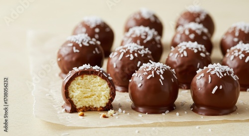 Delicious chocolate covered cake balls with coconut flakes on top on a light background