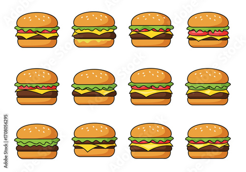 Twelve Cartoon Burgers with Lettuce Cheese Tomato and Meat Patties on Buns.