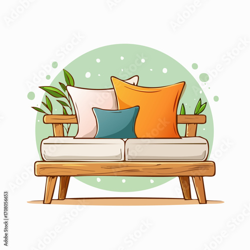 Wooden Bench With Colorful Pillows and Green Backdrop