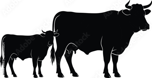 Silhouette of cow and calf standing side by side, isolated on white background, ideal for farm animal vector, livestock design, agriculture concept.