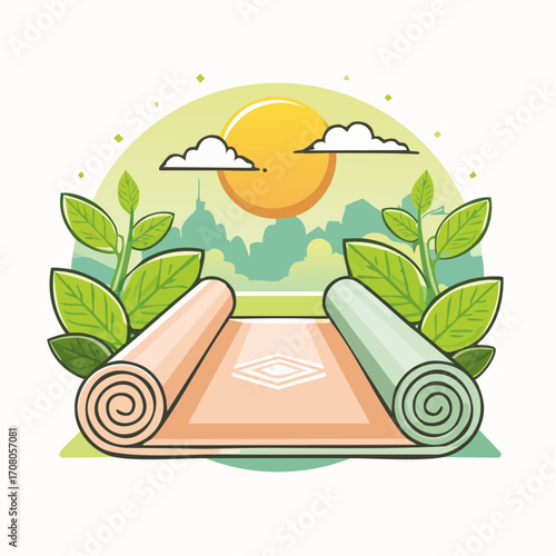 Two Yoga Mats Unrolled Outdoors In Sunny Landscape With Green Foliage