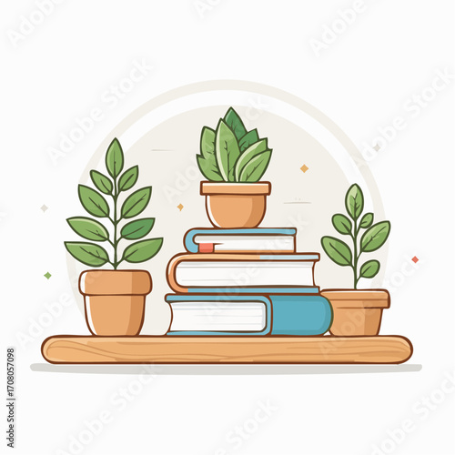 Potted Plants And Books On Wooden Shelf With Light Background