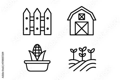 Farming and agriculture vector line icon collection. Modern outline symbols for design. Includes farm barn, wooden fence, corn harvest, and crop plantation pictogram.