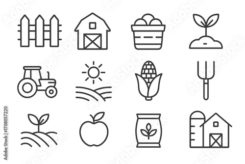 Agriculture and farming line icon set. Collection of simple outline vector symbols for web and apps. Includes barn, tractor, harvest, crop, fence, field, corn, and apple.