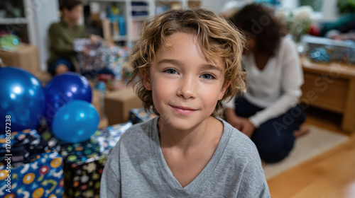 A cheerful child poses in a festive living room filled with vibrant birthday presents and balloons, capturing the pure joy and excitement of celebration moments.
