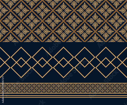 Intricate geometric pattern in dark blue and gold, ideal for design backgrounds. The complex details of the patterns give it a vintage and elegant appeal, perfect for textiles or design projects