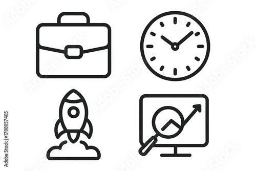 Business and startup outline icon set. Vector symbols for project management, time efficiency, data analysis, career growth. Briefcase, clock, rocket launch, chart monitor icons.