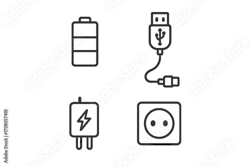 Energy and power line icon set. Vector bundle with battery charge, USB cable, charger adapter and electric socket symbols. Editable stroke for web, app and interface design.