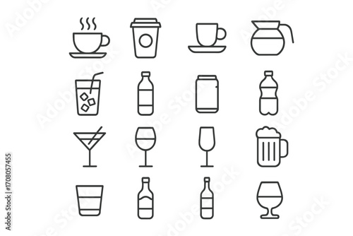 Beverage line icon set. Coffee, tea, soft drink, and alcohol symbols. Vector pictograms of beer, wine, cocktail, soda for cafe menu, bar, app design. Editable stroke.