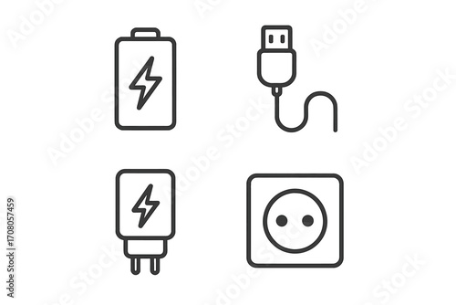 Charging line icons set. Power and energy concept. Battery charge, USB cable, wall adapter, and electrical outlet symbols. Editable stroke vector graphics for app and web.