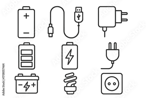 Energy and power line icon set. Collection of vector icons for electricity and charging. Includes battery, USB cable, charger, wall outlet, plug, and lightbulb. Editable stroke.