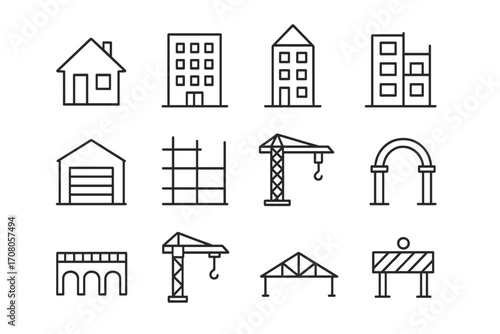 Construction line icon set. Building, architecture, and real estate vector symbols. House, crane, bridge, and scaffold outline pictograms. Editable stroke for web and app design.