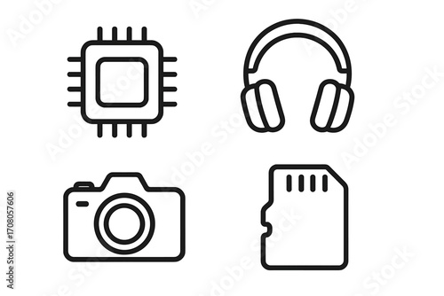 Technology icon set with processor chip, headphones, camera, memory card. Outline vector icons for web, app, UI UX design. Gadget and electronics hardware symbols.