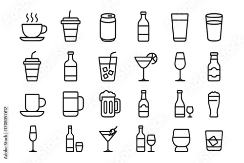 Beverages and drinks line icon set. Coffee, tea, beer, wine, cocktail, juice, water. Minimal vector symbols for cafe, bar and restaurant menu design. Editable stroke.