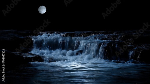Moonlit Ocean Waves Crash Under Bright Full Moon Night Scene