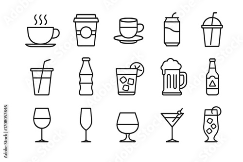 Drink and beverage line icon collection. Vector set of outline symbols for bar or cafe menu. Coffee, tea, soda, beer, wine, cocktail, juice and water pictogram pack. Editable stroke.