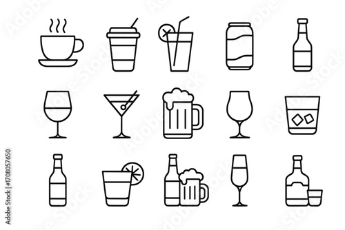 Drink & beverage line icon set. Coffee, tea, beer, wine, cocktail, juice, soda icons. Editable stroke vector pictograms for bar menu, party, app, web design, minimalist.