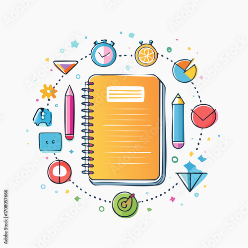 Yellow Spiral Notebook Surrounded By Colorful Productivity Icons