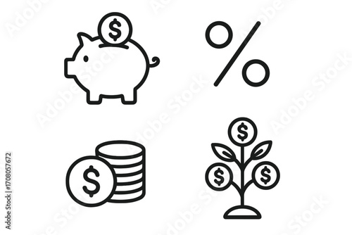 Finance line icon set. Money saving and investment growth concept. Piggy bank, percent sign, dollar coin stack, money tree. Vector outline icons for web, app. Editable stroke.