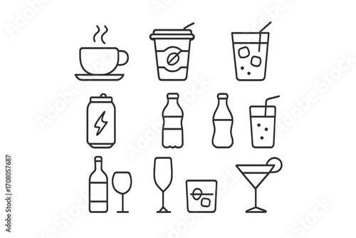 Vector line icon collection of drinks. Coffee, tea, soda, juice, cocktails, wine, alcohol. Minimal pictogram set for cafe & bar menu design. Editable stroke symbols.
