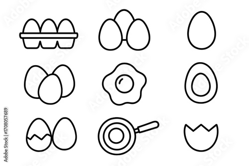 Egg icon set. Food line icons collection. Editable stroke. Vector linear images of eggs for breakfast. Cooking concept with fried egg, boiled egg, pan, carton and cracked shell.