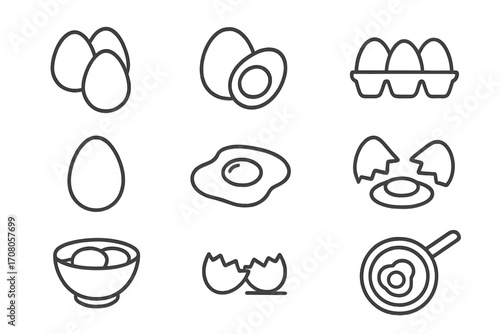 Vector egg icon set. Food, breakfast, cooking concept. Linear icons of fried egg, boiled egg, omelette, egg carton, cracked egg shell. Editable stroke for web and apps.