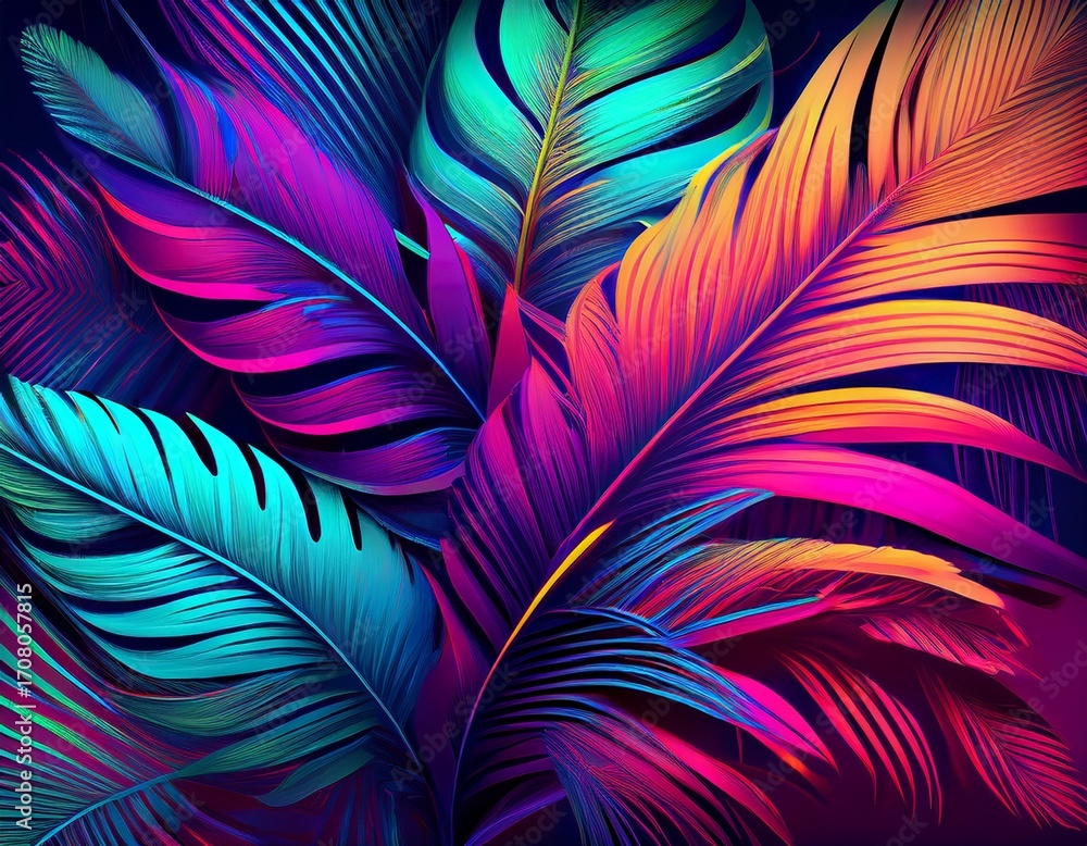 Fototapeta premium abstract background of tropical palm leaves in neon colors