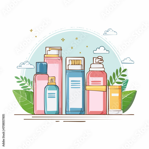 Beauty Products With Natural Green Leaves On Pastel Blue Background