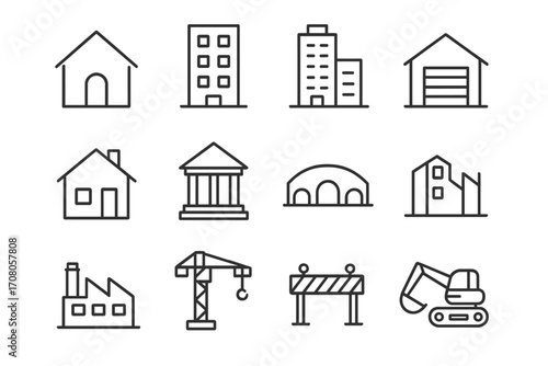 Construction line icons set. Building, architecture, and real estate symbols collection. Includes house, office, factory, crane, excavator. Minimalistic outline vector pictogram.