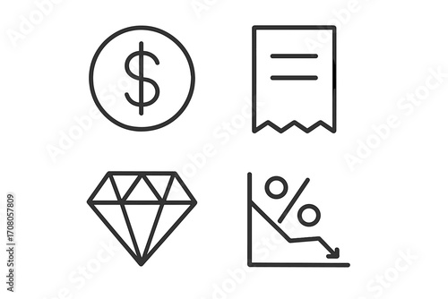 Finance line icon set with dollar coin, receipt, diamond, percent down graph. For concepts of money, payment, value, luxury, sales, and discount. Editable stroke vector.