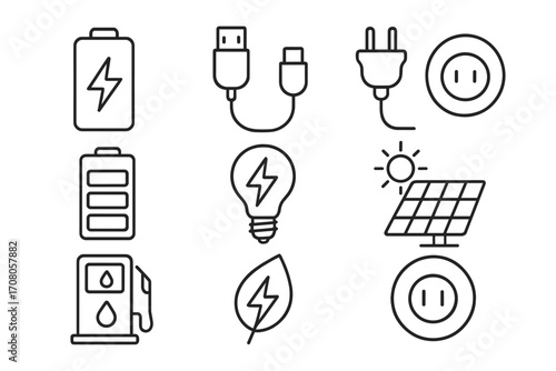 Energy line icon pack vector collection. Thin line icons of battery, charger, usb cable, plug, socket, solar panel, gas, eco power. Renewable energy, electricity concept.