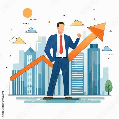Businessman in Blue Suit With Orange Growth Arrow and City Background