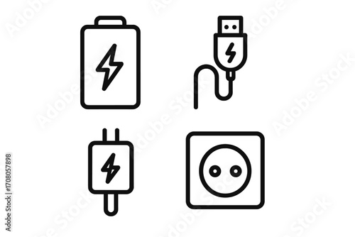 Power and energy line icon set. Vector collection of electricity symbols. Battery charge indicator, USB cable, mobile phone charger plug, and wall outlet socket pictogram.