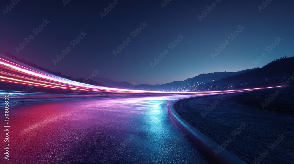 Obraz premium Long Exposure Light Trails on a Winding Road at Dusk with Colorful Lights
