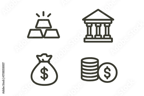 Finance thin line icon set. Gold bars, bank building, money bag, dollar coins. Vector outline pictogram collection for web and app design. Editable stroke financial symbols.