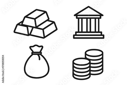 Finance banking money thin line icon set. Gold bar, bank building, money bag, coin stack. Economic wealth concept. Business investment symbols. Financial savings and currency.