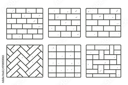 Hand-drawn brick patterns set. Vector line art collection of different masonry and paving textures. Architecture construction design elements. Brickwork, herringbone, wall background.