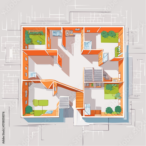 Architectural Floor Plan Of Modern Apartment With Green Spaces In Orange And White