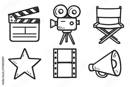 Hand-drawn film industry icon set. Doodle cinema elements like clapperboard, camera, director chair, star, filmstrip and megaphone. Vector cartoon illustration for movie making.